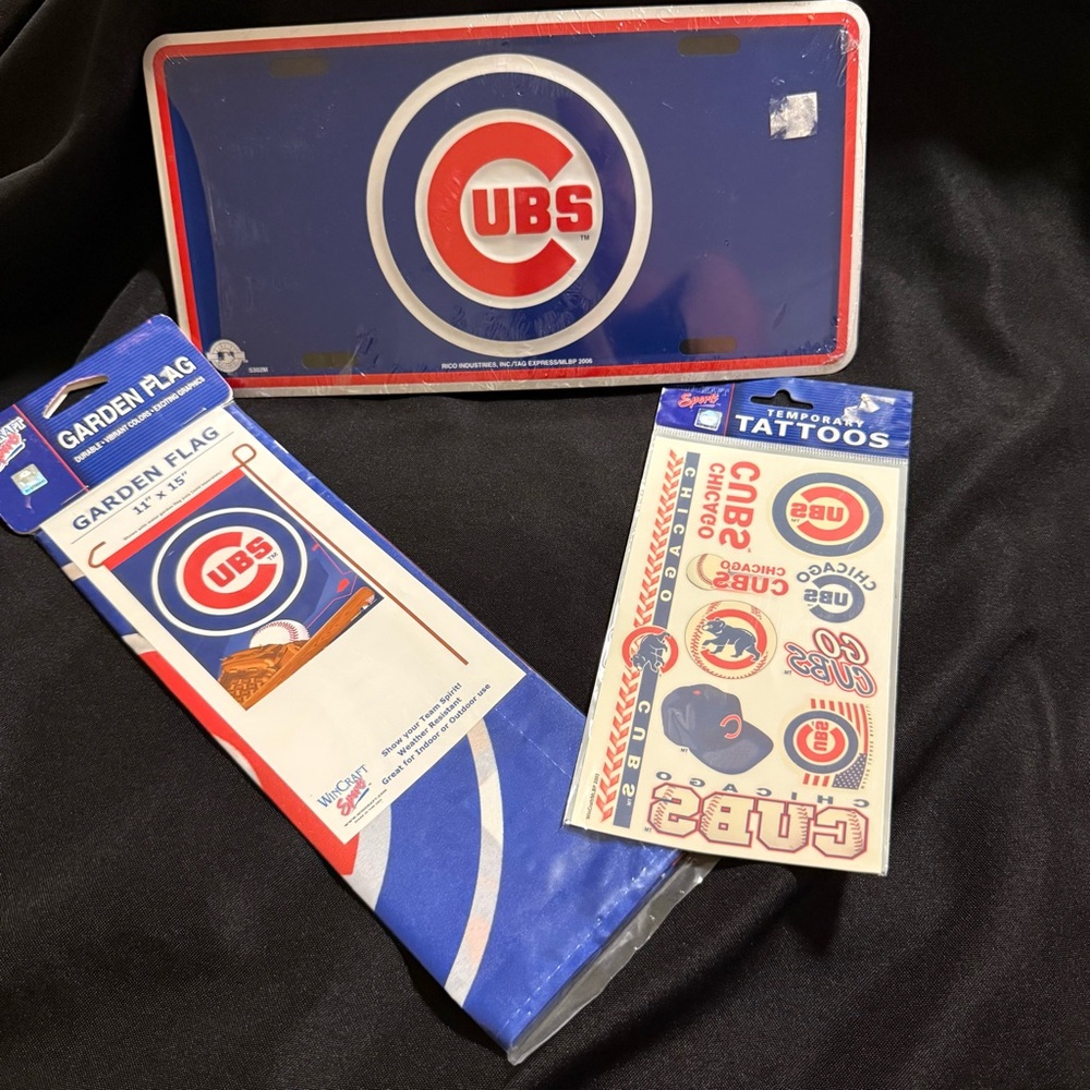 Chicago Cubs MLB Fan Pack Lot: License Plate, Temp Tattoos, Garden Flag